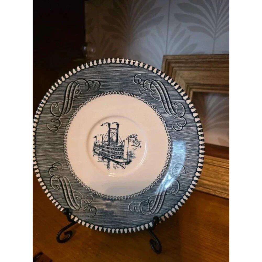 Vintage Royal China Currier & Ives Blue & White Steamboat Saucer